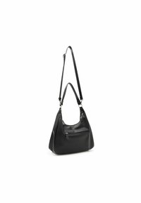 Black leather shoulder bag with a smooth texture, curved shape, and adjustable strap; features a front zippered pocket.