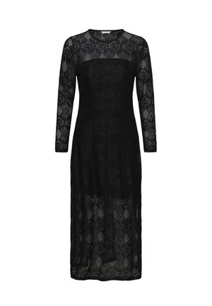 Rochie neagră cu mâneci lungi, din dantelă, având un corset ajustat și un model transparent, texturat pe întreaga suprafață. Design de lungime medie.