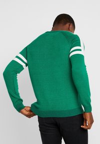 Grüner Strickpullover mit weißen Streifen an den Ärmeln; verfügt über einen Rundhals, gerippte Bündchen und Saum. Schlichtes, tailliertes Design.