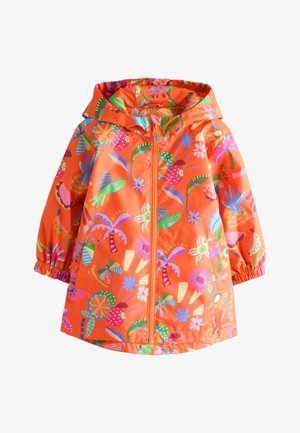 Oranje kinderregenjas met kap en kleurrijke tropische print van vogels, bloemen, palmbomen en fruit, rits aan de voorkant en elastische manchetten.