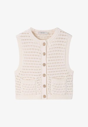 Veste sans manches tricotée couleur crème avec des boutons floraux, deux poches avant et un motif texturé à maille ouverte.
