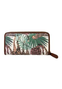 Portafoglio con zip, caratterizzato da un design con palme e stampa leopardata. Presenta uno sfondo crema e dettagli in pelle marrone. Forma rettangolare.
