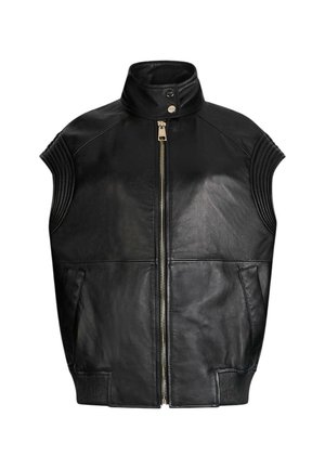 Gilet nero in pelle con collo alto, cerniera frontale, dettagli a coste sulle spalle e tasche laterali. Texture liscia con design minimalista.