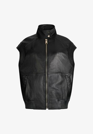 Gilet nero in pelle con collo alto, cerniera frontale, dettagli a coste sulle spalle e tasche laterali. Texture liscia con design minimalista.