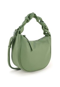 Grüne Handtasche aus Kunstleder mit geflochtenem Griff, geschwungener Form, Reißverschluss und abnehmbarem Schulterriemen. Glatte Struktur mit dezentem Muster.