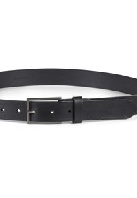 Schwarzer Leder-Gürtel mit glatter Textur, silberner Metallschnalle und verstellbaren Löchern. Auf der Innenseite befindet sich ein dezentes, eingeprägtes Logo.