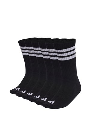 Sechs Paar schwarze Sportsocken mit zwei weißen horizontalen Streifen nahe der Oberseite und einem weißen Logo auf den Zehen.