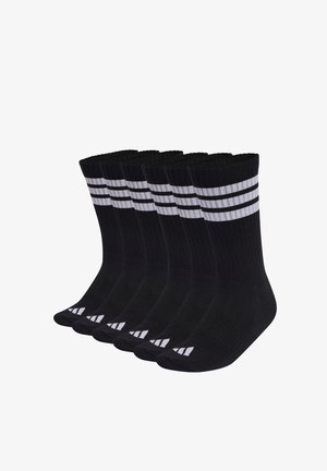 Sechs Paar schwarze Sportsocken mit zwei weißen horizontalen Streifen nahe der Oberseite und einem weißen Logo auf den Zehen.