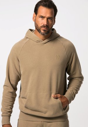 Felpa con cappuccio beige realizzata in tessuto morbido, dotata di tasca a marsupio e polsini a costine. Dettaglio del logo semplice sul petto.