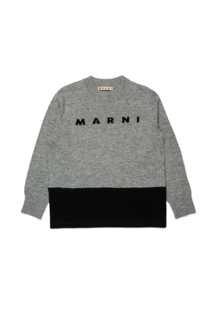 Grå ullgenser med en svart underdel og ordet "MARNI" i svart på brystet. Rund hals og lange ermer. Myk tekstur.