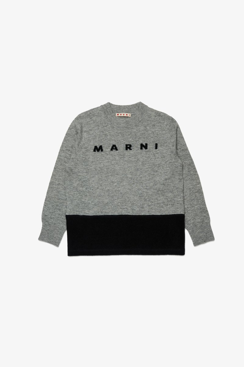 Grauer Wollpullover mit schwarzem unteren Teil und dem Wort "MARNI" in Schwarz auf der Brust. Rundhalsausschnitt und lange Ärmel. Weicher Textur.