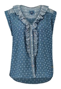 Modrá blůza s krátkými rukávy, ruffled přední částí, květinovým vzorem a dekoračním zapínáním na knoflík. Lehká látka a zakřivený lem.