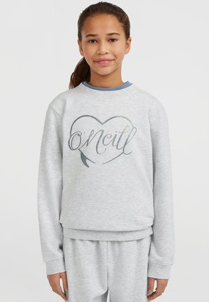 Sweatshirt gris clair avec un col rond et des poignets côtelés. Il présente un logo O'Neill en forme de cœur en impression colorée et réfléchissante.