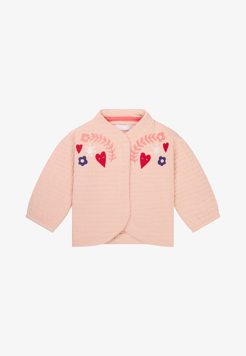 Roze, gewatteerde button-up jas met lange mouwen. Heeft geborduurde bloem- en hartpatronen in rood, blauw en wit.