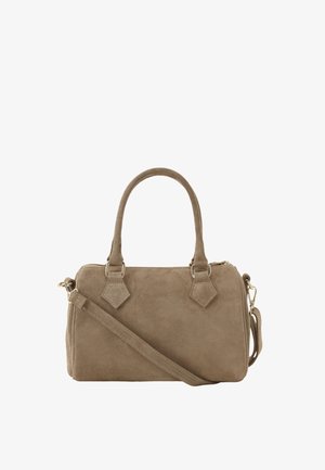 Bolso de ante color topo con dos asas superiores, una correa de hombro desmontable y herrajes de metal dorado sobre un fondo blanco.