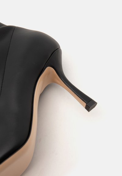 Gros plan de l'arrière et du talon d'une chaussure à talons noirs avec une semelle beige sur fond blanc.