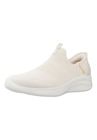 Slip-on sneakers med en lett, teksturert strikkoverdel i off-white, med en sømløs design og en fleksibel hvit gummisåle.