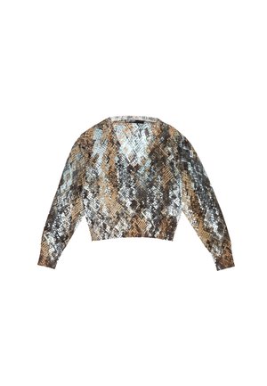 Svetrový pulóver so zlatými flitrami a výstrihom do V, s abstraktným vzorom v hnedých, modrých a bielych odtieňoch. Skosený strih a dlhé rukávy.