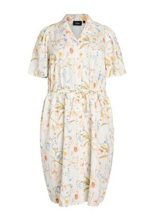 Witte jurk met korte mouwen en pastelkleurige bloemenprint, knoopsluiting aan de voorkant, kraag en gestrikte tailleband.