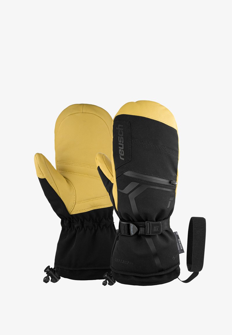 Schwarze und gelbe Handschuhe mit Lederhandflächen und Stoffrücken. Verfügt über elastische Bündchen, verstellbare Riemen und eine Reißverschlusstasche zur Aufbewahrung.