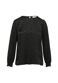Schwarze Bluse mit langen Ärmeln im Hahnentrittmuster, rundem Ausschnitt und elastischen Bündchen. Durchsichtiges Gewebe mit strukturierter Oberfläche. Rückenzugang.