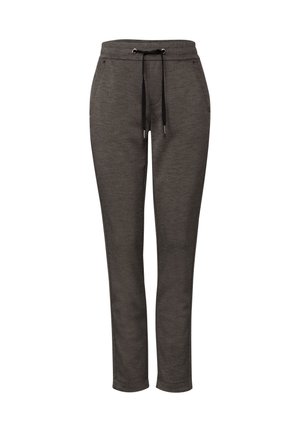 Pantalons de jogging gris foncé faits d'un tissu doux, avec une taille élastique, un cordon de serrage et des poches latérales pour un ajustement décontracté.