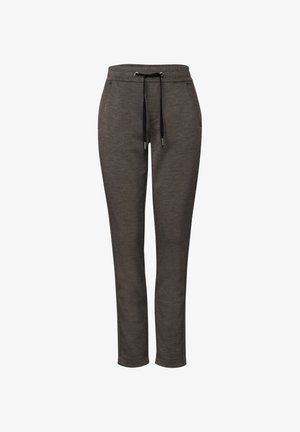 Mørkegrå joggebukser lavet af blødt stof, med elastisk talje, snøre og sidelommer til en afslappet pasform.