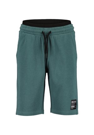 Szorty w kolorze morskim wykonane z miękkiej bawełnianej tkaniny, z elastycznym pasem i czarnym sznurkiem oraz boczną metką z logo marki.