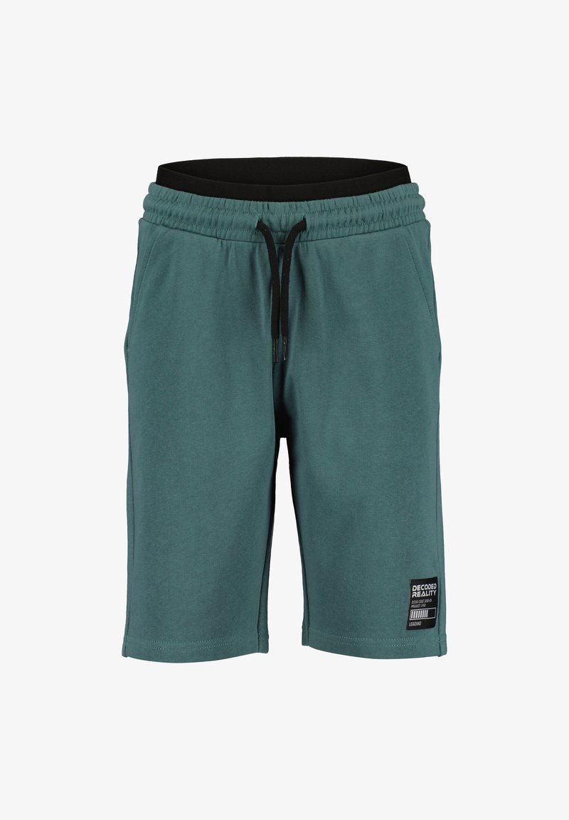 Pantaloncini turchesi realizzati in morbido cotone, con vita elasticizzata dotata di coulisse nera e etichetta laterale con marchio.