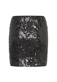 Fekete flitteres mini szoknya sima textúrával, elasztikus derékpánttal és sűrű flitterekkel, amelyek csillogó hatást keltenek. Egyszerű, testhezálló fazon.