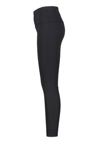 Leggings atletici neri con vita alta, caratterizzati da una texture liscia e un motivo perforato lungo la parte inferiore della gamba per favorire la traspirabilità.