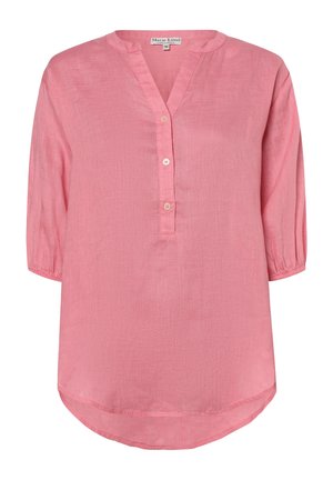 Vaaleanpunainen pitkähihainen paita, jossa on kolme nappia, V-pääntie, pyöristetty helma ja joustavat hihansuut, kauluksen sisäpuolella etiketti "Marie Lund".