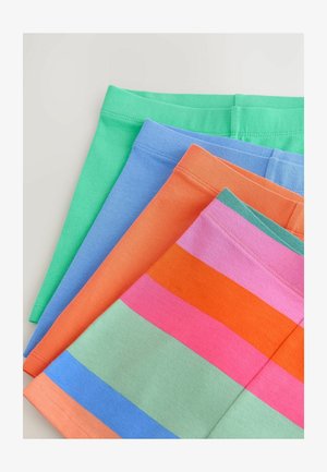 Shorts in cotone colorati impilati, con disegni in verde solido, blu, corallo e a righe multicolori nelle tonalità di rosa, arancione e verde. Texture liscia.