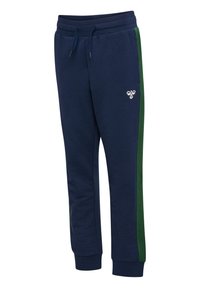 Marina blå joggers med gröna sidostripes, gjorda av mjukt tyg, med elastisk midja och en liten logodetalj.