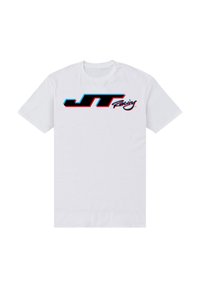 Bílá bavlněná tričko s velkým černým a modrým logem "JT Racing" s kurzivním akcentem. Krátké rukávy a kulatý výstřih.