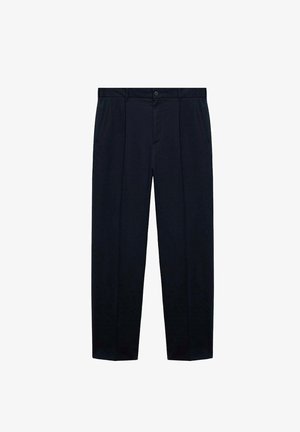 Pantaloni bleumarin, cu front plat, dintr-un material ușor cu o textură netedă; dotati cu închidere prin buton și două buzunare laterale.