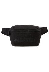 Sac banane noir fabriqué en tissu durable, doté d'une poche zippée à l'avant, d'un logo en relief et d'une sangle ajustable pour un port sécurisé.