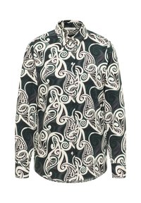Long-sleeve button-up shirt featuring a black, green, and white swirling pattern with intricate geometric details and a classic collar.