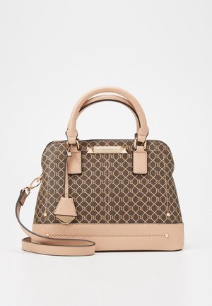 Brown and beige handbag with geometric pattern, dual top handles, and detachable shoulder strap on white background.