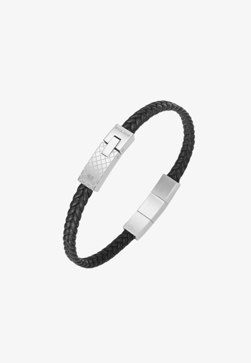 Bracciale in pelle intrecciata nera con una chiusura in metallo argentato caratterizzata da un motivo testurizzato e dettagli lisci. Design resistente per una vestibilità sicura.