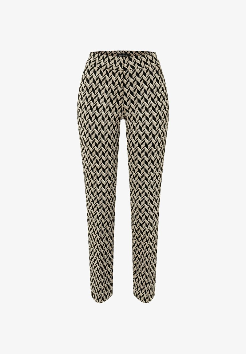 Pantalon slim avec motif chevron zigzag noir et beige et fermeture à boutons sur le devant, conçu pour les femmes.