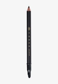 Crayon noir avec une pointe effilée et un embout estompant. Présente des lettres dorées, avec un design élégant et une texture lisse.