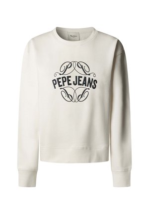 Sweatshirt blanc en coton avec un col rond, arborant un logo noir "PEPE JEANS" au centre et des poignets côtelés aux manches.