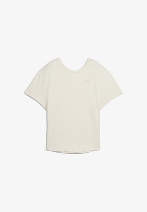 Šviesiai kreminės spalvos trumpo rankovės marškinėliai, pagaminti iš minkštos medžiagos, su apvaliu iškirpimu ir mažuoju auksiniu Puma logotipu kairiajame krūtinės kampe.