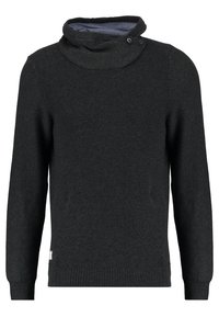 Pull gris foncé en tissu tricoté texturé, avec un col montant à boutons, des poignets et une ceinture côtelés.