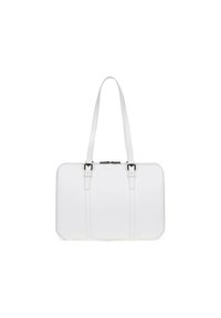Witte leren tote bag met twee lange hengsels, een gladde oppervlakte, minimalistisch ontwerp en verstelbare gespdetails op de hengsels.