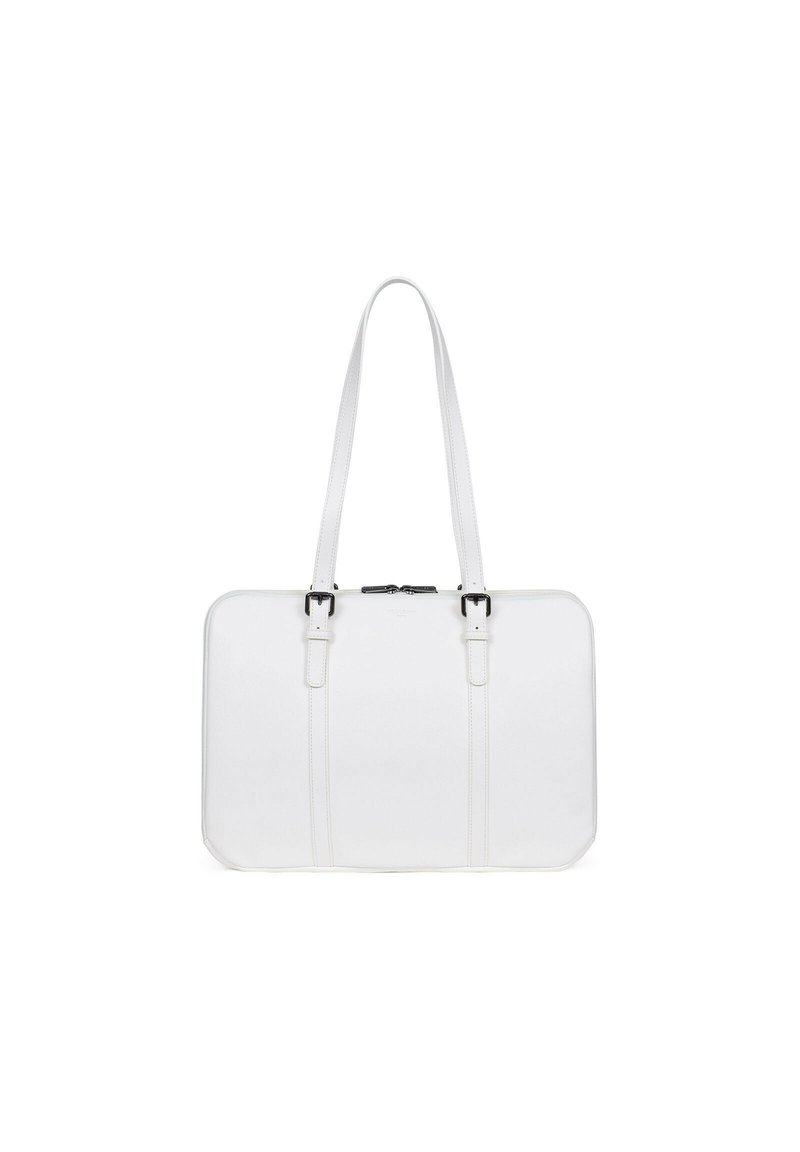 Witte leren tote bag met twee lange hengsels, een gladde oppervlakte, minimalistisch ontwerp en verstelbare gespdetails op de hengsels.