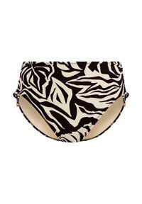 Černé a smetanové bikinové dno s vysokým pasem a vzorem listů, s bočními detaily a akcenty ve zlatém tónu.