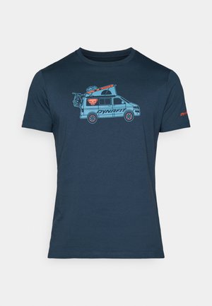 Navy blue cotton t-shirt featuring a light blue graphic of a camper van with mountain gear on top and "DYNAFIT" logo in orange.