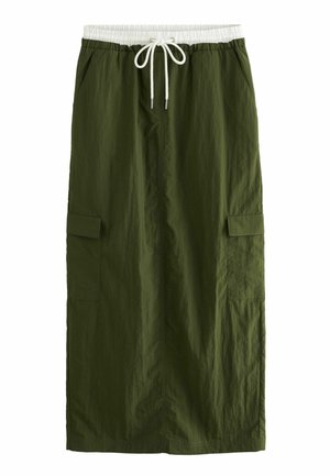 Jupe longue vert olive avec taille élastique blanche et cordon, avec poches latérales à rabat et coupe droite.